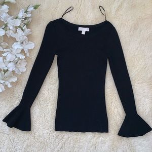 Crewneck Ruffle-Cuff Stretch-Viscose Ribbed Top